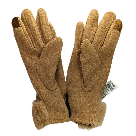 Jack & Missy NWT Gloves Super Soft Faux Fur Trim Camel Brown Text Phone Fingers - Picture 3 of 6